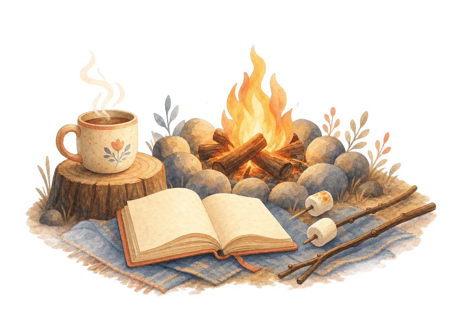 A gentle campfire beside an open notebook and a steaming mug at dusk.
