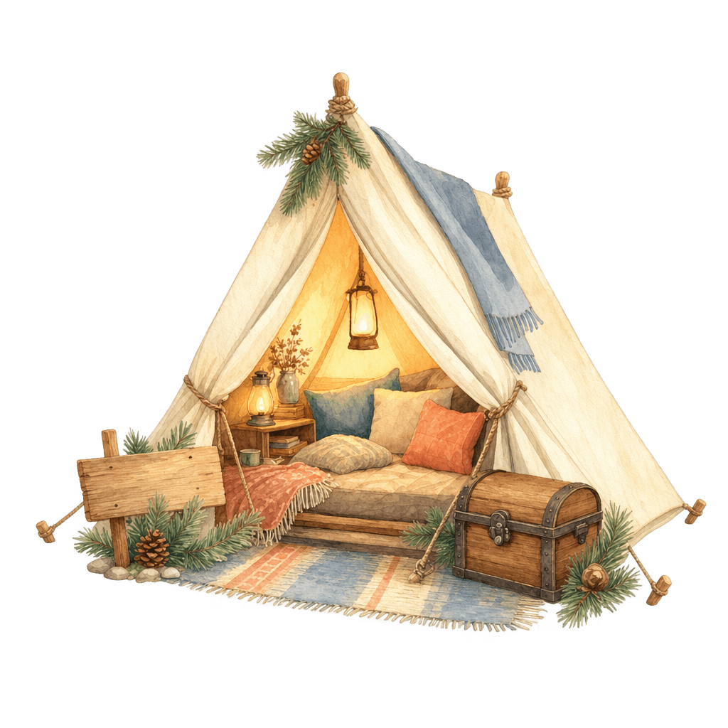 A snug, glowing tent with a lantern, pillows, a little wooden sign, and a keepsake chest.