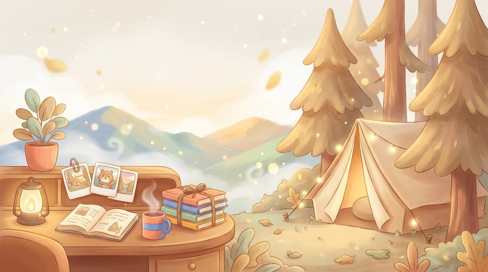 A cozy campsite at golden hour: a glowing tent among pines beside a writing desk with an open journal, a stack of colorful notebooks, a mug, and a lantern.
