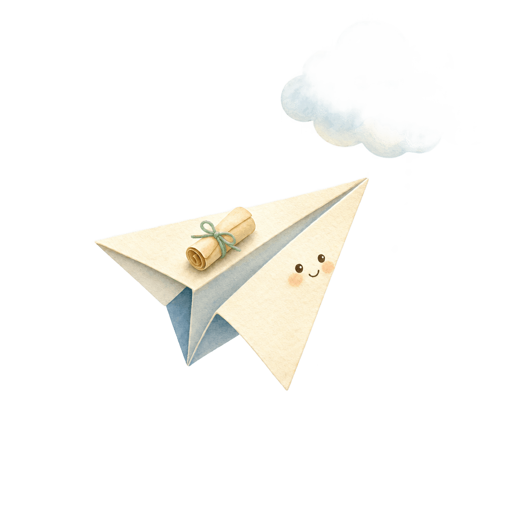 A folded paper airplane carrying a little note, gliding up toward a soft cloud.