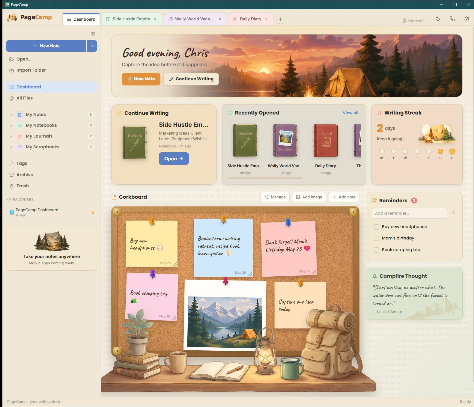 PageCamp's dashboard with a greeting, Quick Start, recent files, a writing streak, reminders, and a corkboard of pinned sticky notes and photos.