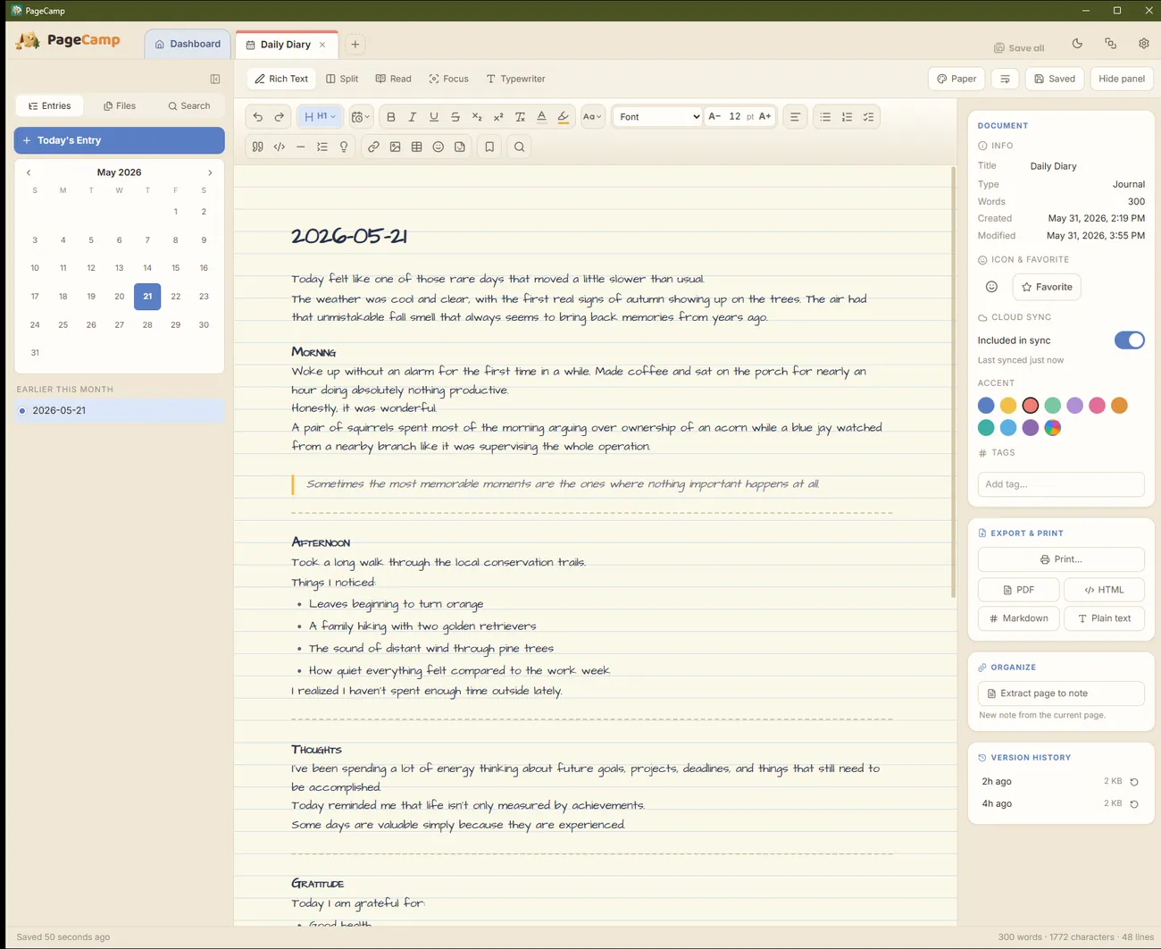 Journals in PageCamp — A few honest lines, every day.