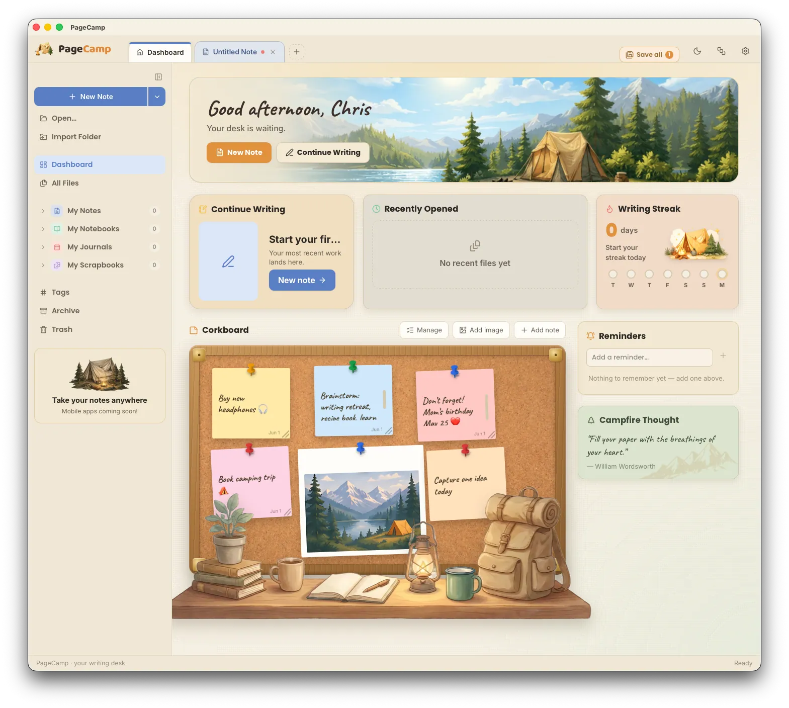 PageCamp running on macOS, showing the dashboard and corkboard.