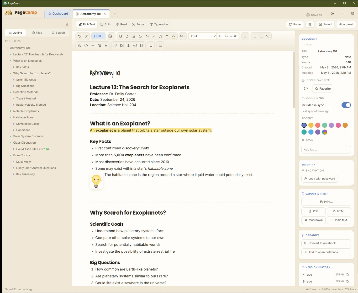 Notes in PageCamp — Catch the lecture before it scatters.
