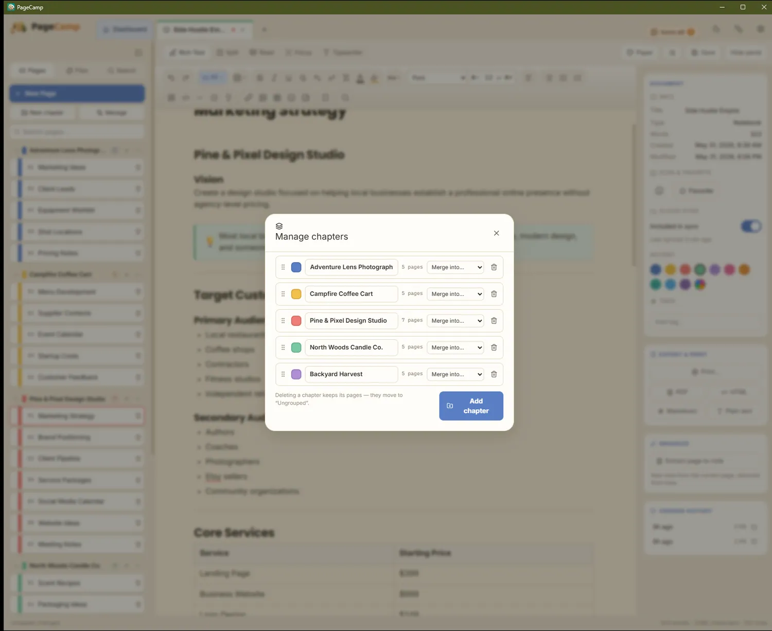 The PageCamp editor showing formatted text, headings, lists, and a clean writing surface.