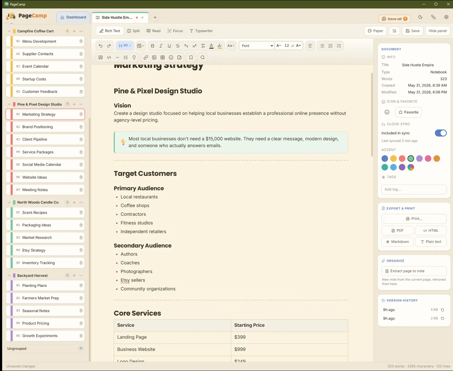 Notebooks in PageCamp — Give a big idea room to grow.